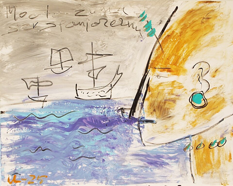 3) Montezuma ser spanjorerna, Akryl, kol, 72x92 cm