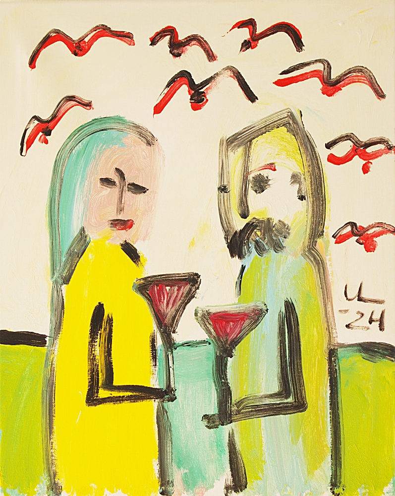 16) Rött vin, röda fåglar, Akryl, 65x80 cm