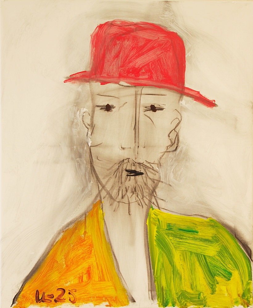 45) Man med röd hatt, Akryl, kol, 60x72 cm