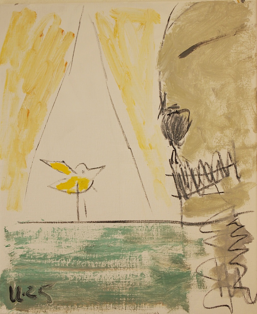 61) Döden och kanariefågeln, Akryl, kol, 54x64 cm