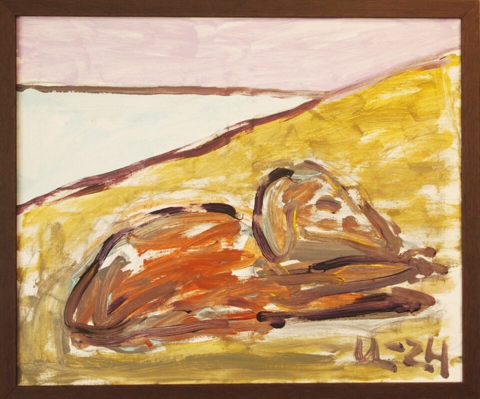 94) Hund som sover vid havet, Akryl, ramad, 77,5x65 cm