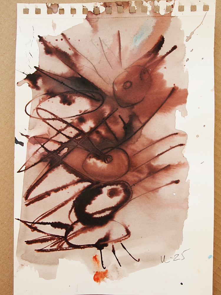 3. Tre fåglar, akryl/bläck, 21x31 cm