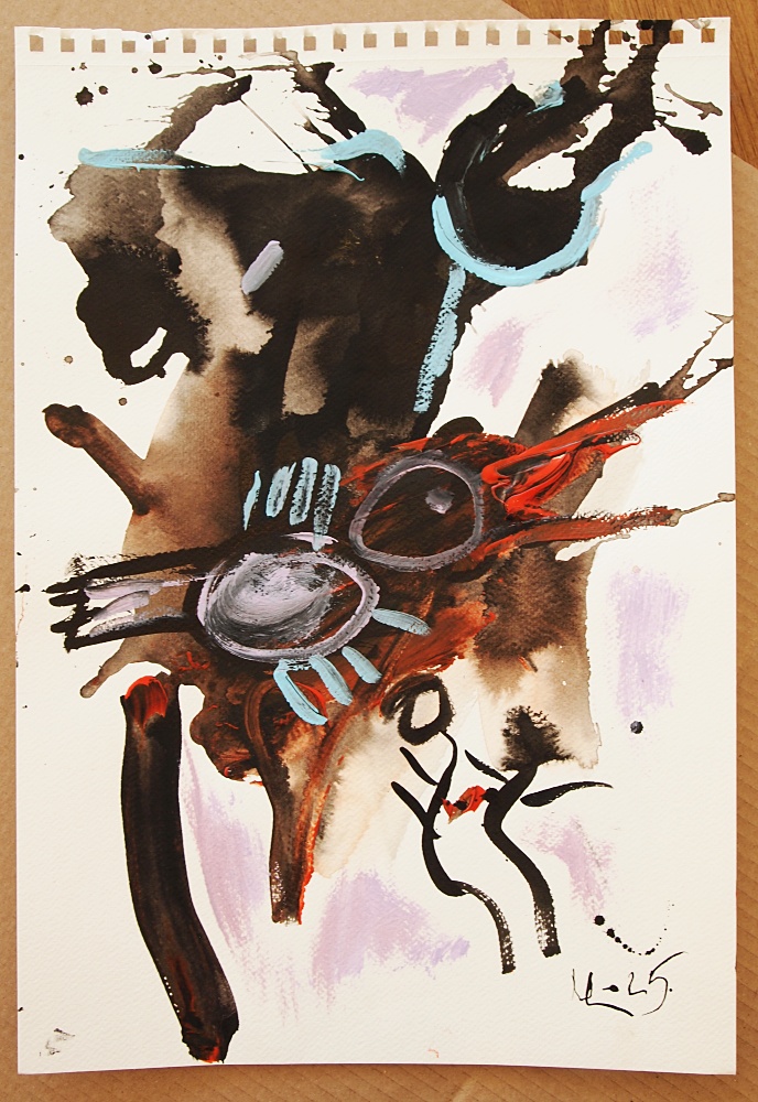 13. Faror, folk, fågel, akryl/bläck, 30x44 cm