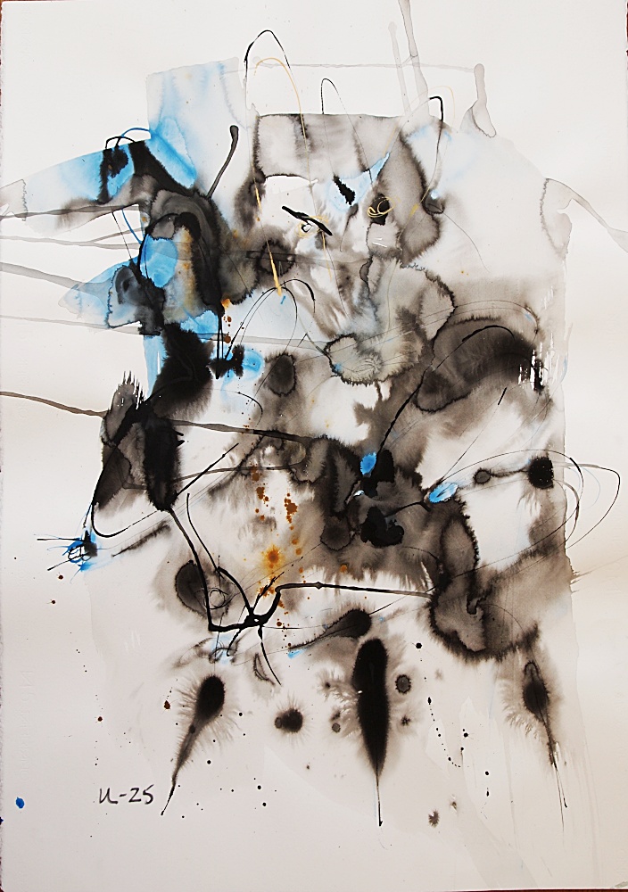 53. Varg, två harar, akryl/bläck, 71x100 cm